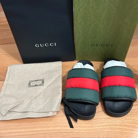 Gucci | Shoes | Gucci Nylon Puffer Slides Green And Red  display picture 1